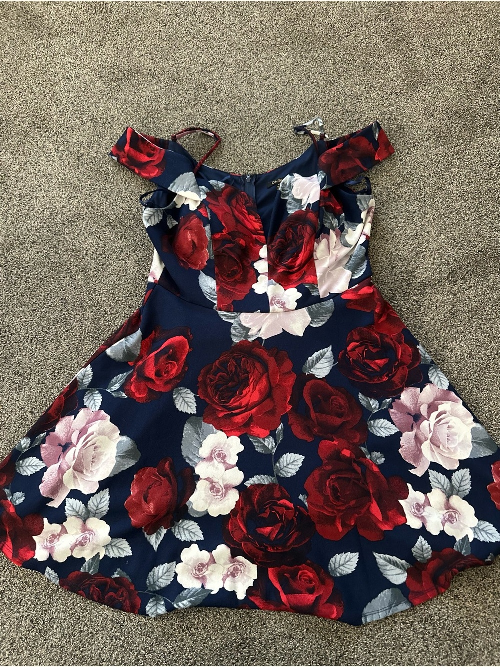 Cute Navy Floral Fit-and-Flare Dress with Red Roses